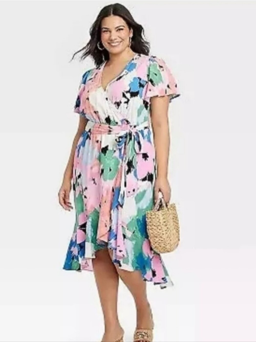 Ava & Viv Abstract Floral Tie Wrap Midi Dress,